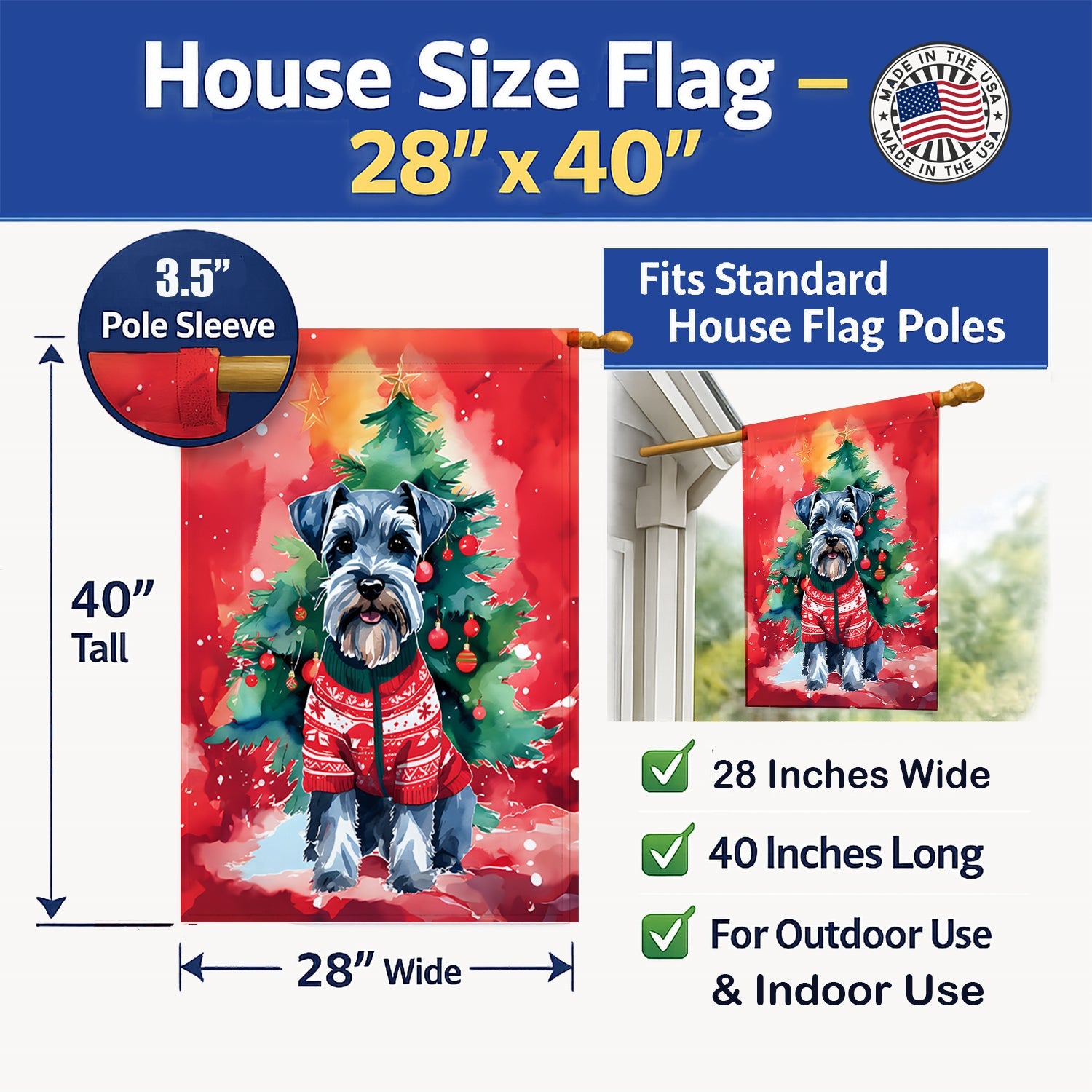 Schnauzer Christmas House Flag 28x40 Porch Sleeve Pole Decorative Outside Yard Banner Artwork Wall Hanging, Polyester