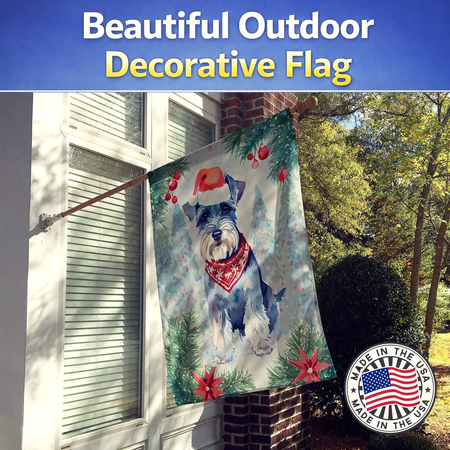 Schnauzer Christmas House Flag 28x40 Porch Sleeve Pole Decorative Outside Yard Banner Artwork Wall Hanging, Polyester