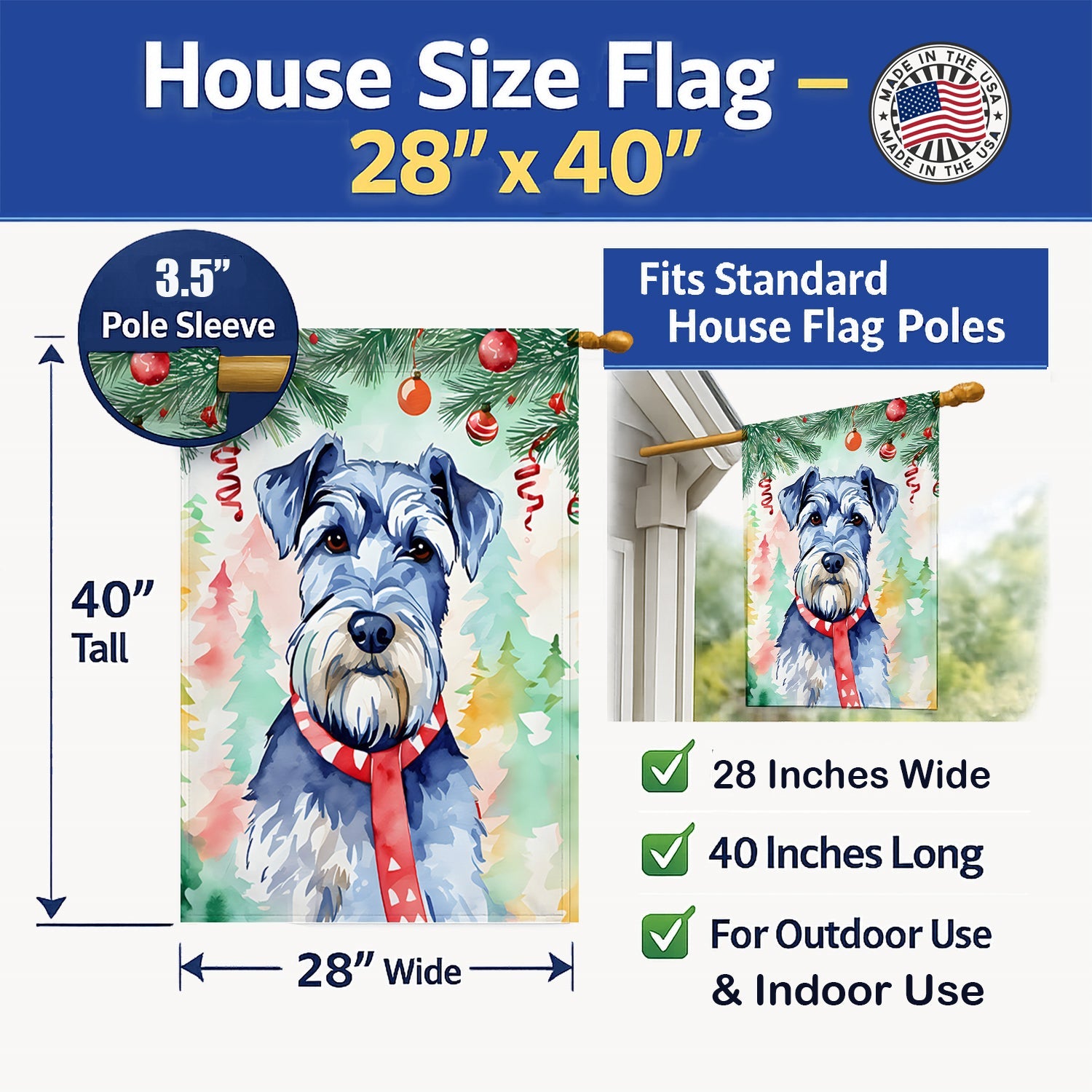 Schnauzer Christmas House Flag 28x40 Porch Sleeve Pole Decorative Outside Yard Banner Artwork Wall Hanging, Polyester