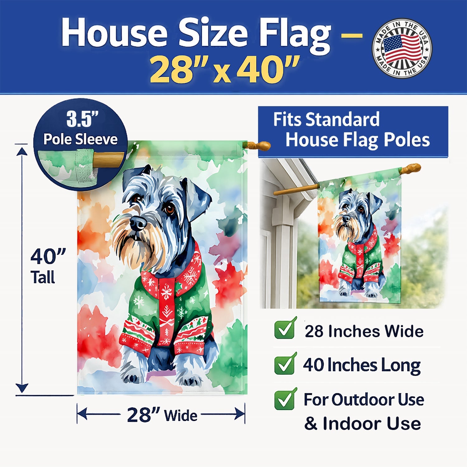 Schnauzer Christmas House Flag 28x40 Porch Sleeve Pole Decorative Outside Yard Banner Artwork Wall Hanging, Polyester