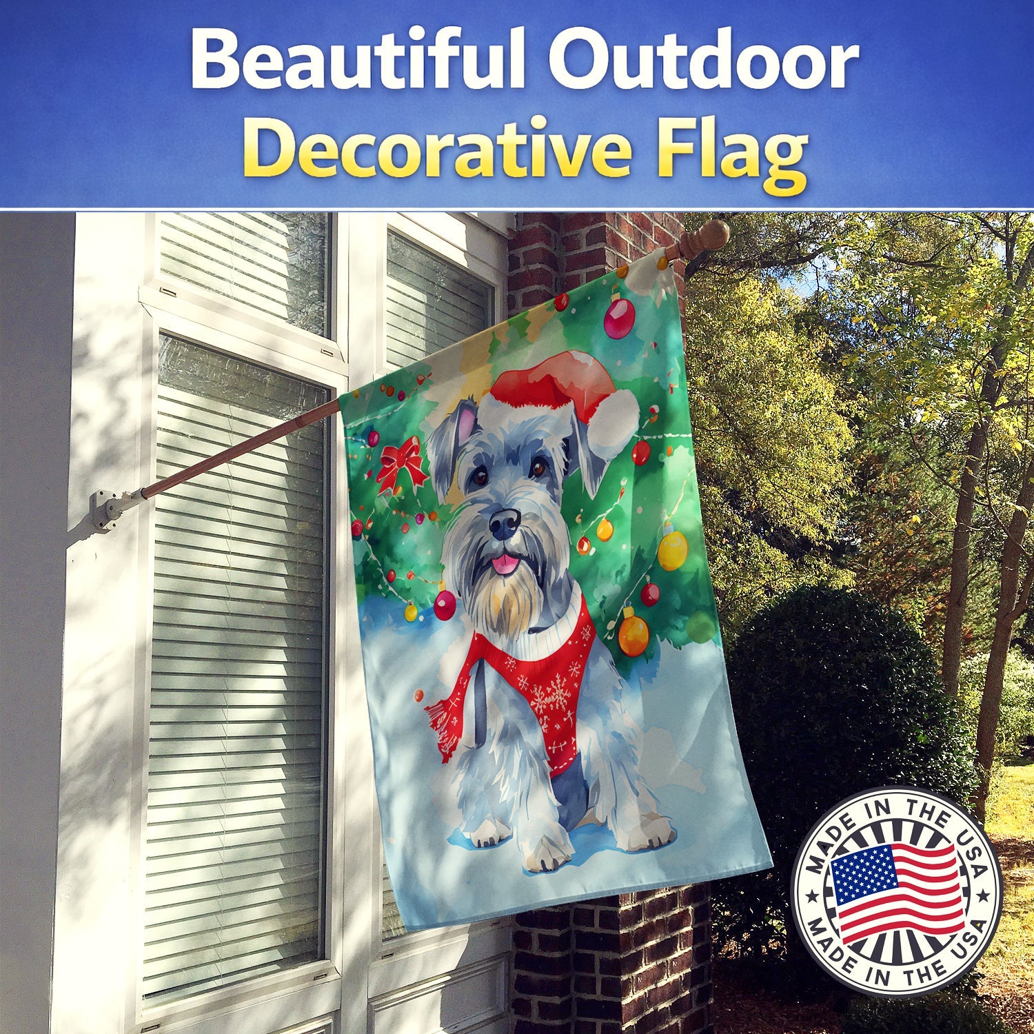Schnauzer Christmas House Flag 28x40 Porch Sleeve Pole Decorative Outside Yard Banner Artwork Wall Hanging, Polyester