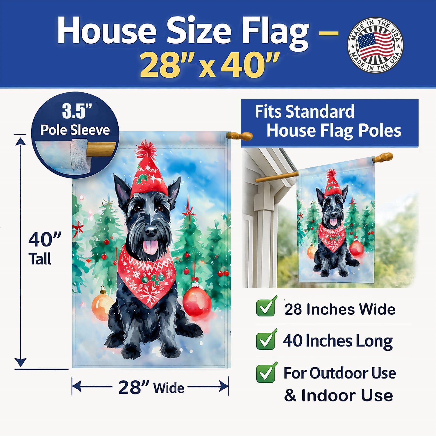 Scottish Terrier Christmas House Flag 28x40 Porch Sleeve Pole Decorative Outside Yard Banner Artwork Wall Hanging, Polyester