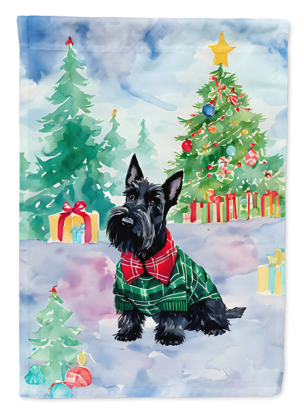 Scottish Terrier Christmas House Flag 28x40 Porch Sleeve Pole Decorative Outside Yard Banner Artwork Wall Hanging, Polyester