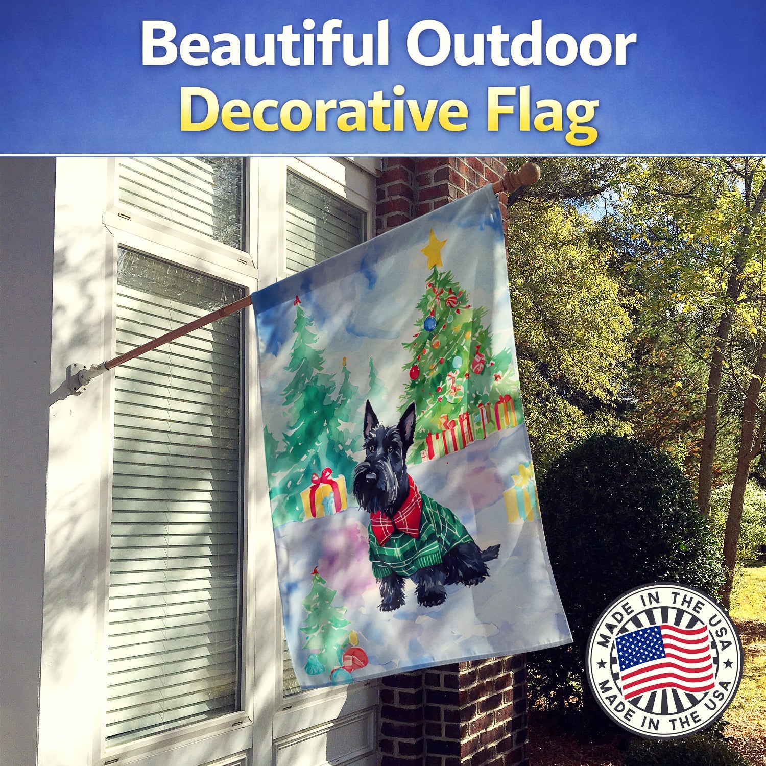 Scottish Terrier Christmas House Flag 28x40 Porch Sleeve Pole Decorative Outside Yard Banner Artwork Wall Hanging, Polyester