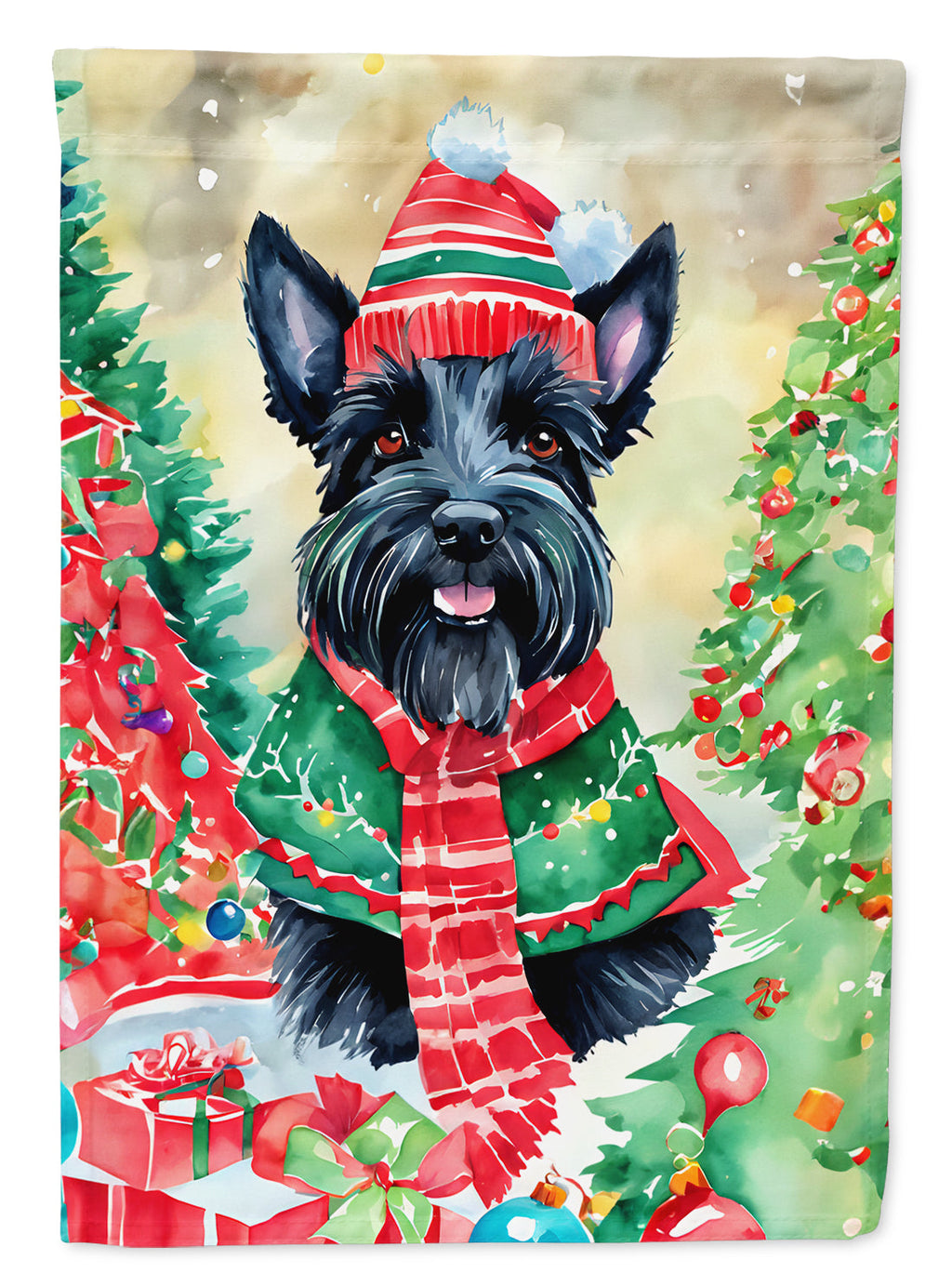 Scottish Terrier Christmas House Flag 28x40 Porch Sleeve Pole Decorative Outside Yard Banner Artwork Wall Hanging, Polyester
