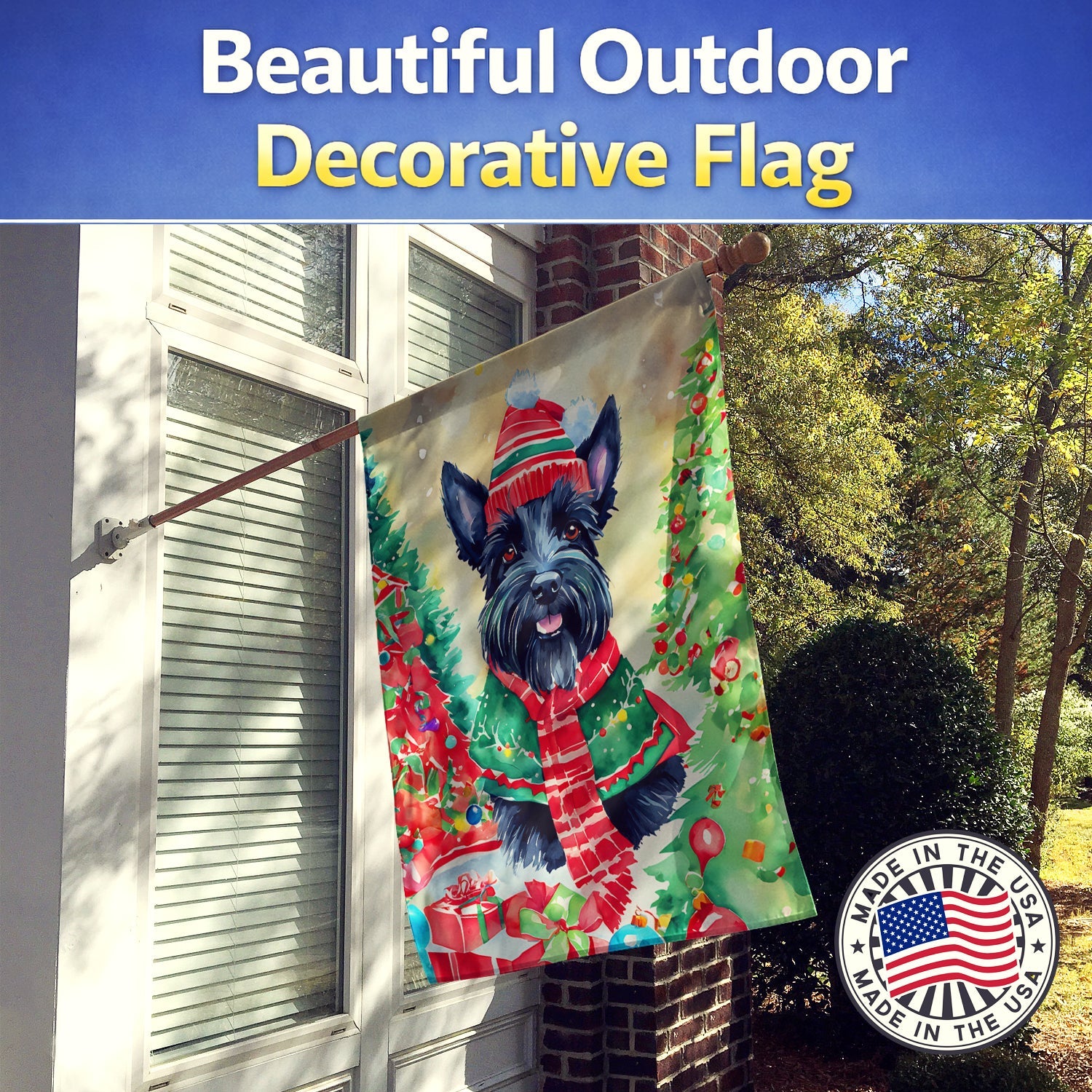 Scottish Terrier Christmas House Flag 28x40 Porch Sleeve Pole Decorative Outside Yard Banner Artwork Wall Hanging, Polyester