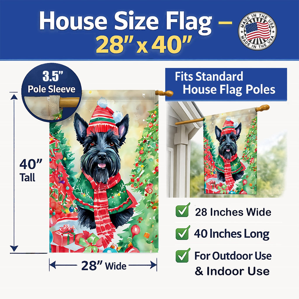 Scottish Terrier Christmas House Flag 28x40 Porch Sleeve Pole Decorative Outside Yard Banner Artwork Wall Hanging, Polyester