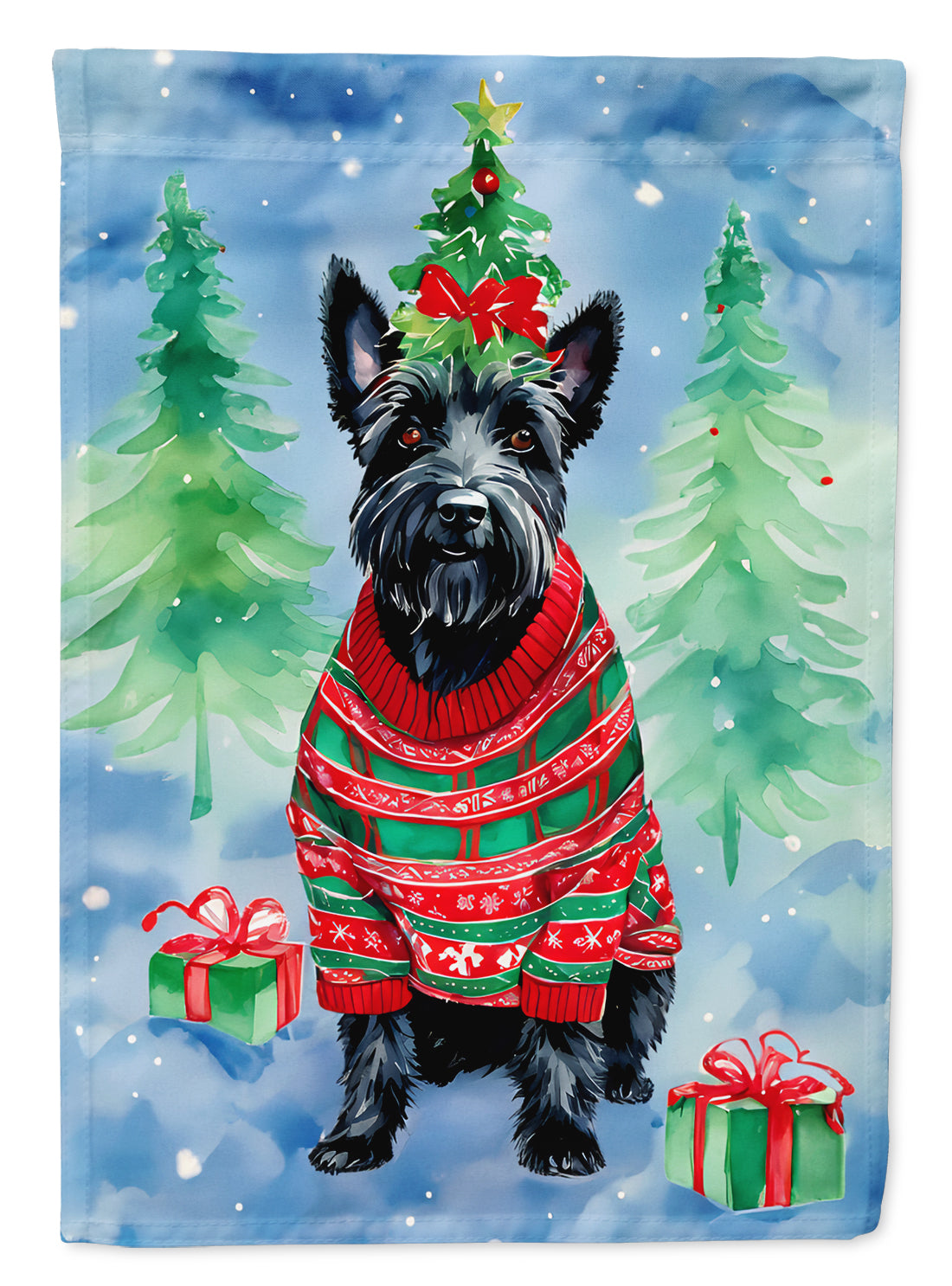 Scottish Terrier Christmas House Flag 28x40 Porch Sleeve Pole Decorative Outside Yard Banner Artwork Wall Hanging, Polyester