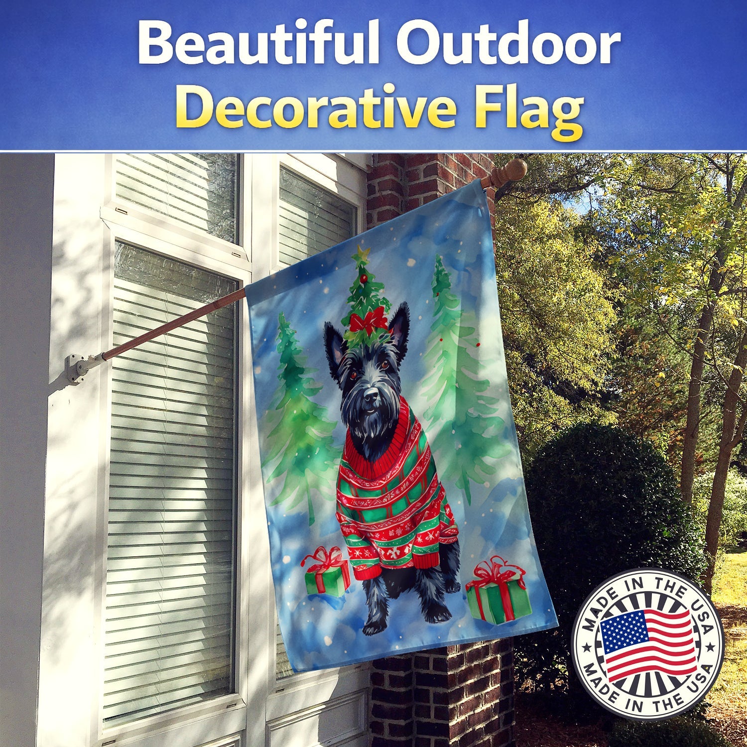 Scottish Terrier Christmas House Flag 28x40 Porch Sleeve Pole Decorative Outside Yard Banner Artwork Wall Hanging, Polyester