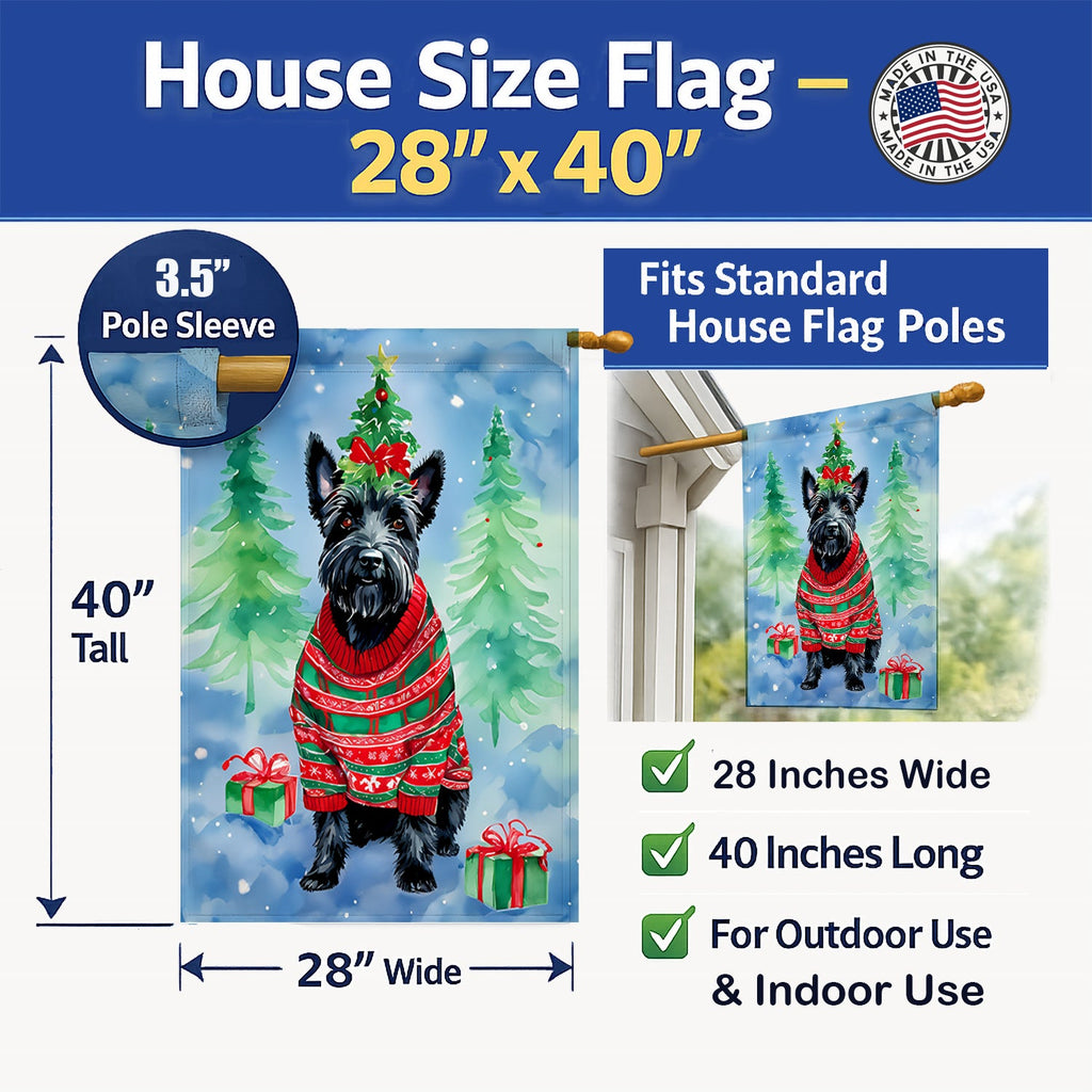 Scottish Terrier Christmas House Flag 28x40 Porch Sleeve Pole Decorative Outside Yard Banner Artwork Wall Hanging, Polyester