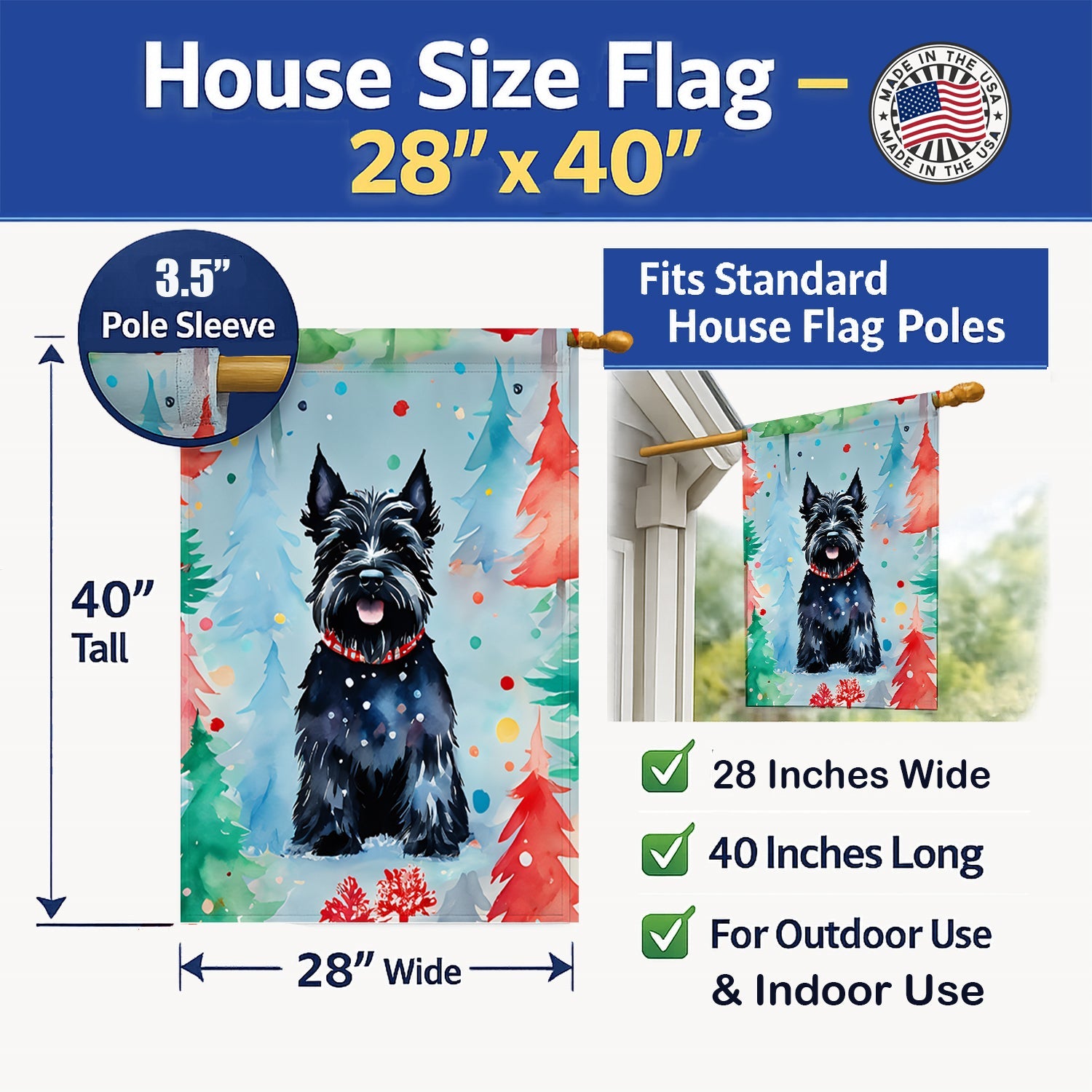 Scottish Terrier Christmas House Flag 28x40 Porch Sleeve Pole Decorative Outside Yard Banner Artwork Wall Hanging, Polyester