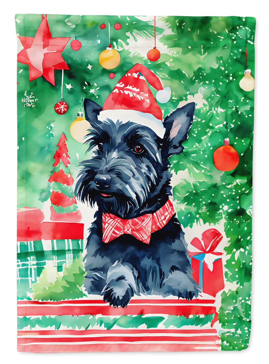 Scottish Terrier Christmas House Flag 28x40 Porch Sleeve Pole Decorative Outside Yard Banner Artwork Wall Hanging, Polyester