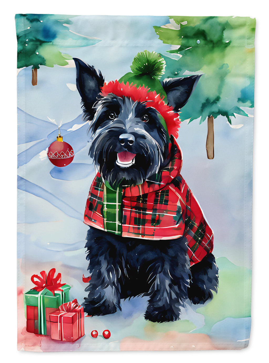 Scottish Terrier Christmas House Flag 28x40 Porch Sleeve Pole Decorative Outside Yard Banner Artwork Wall Hanging, Polyester