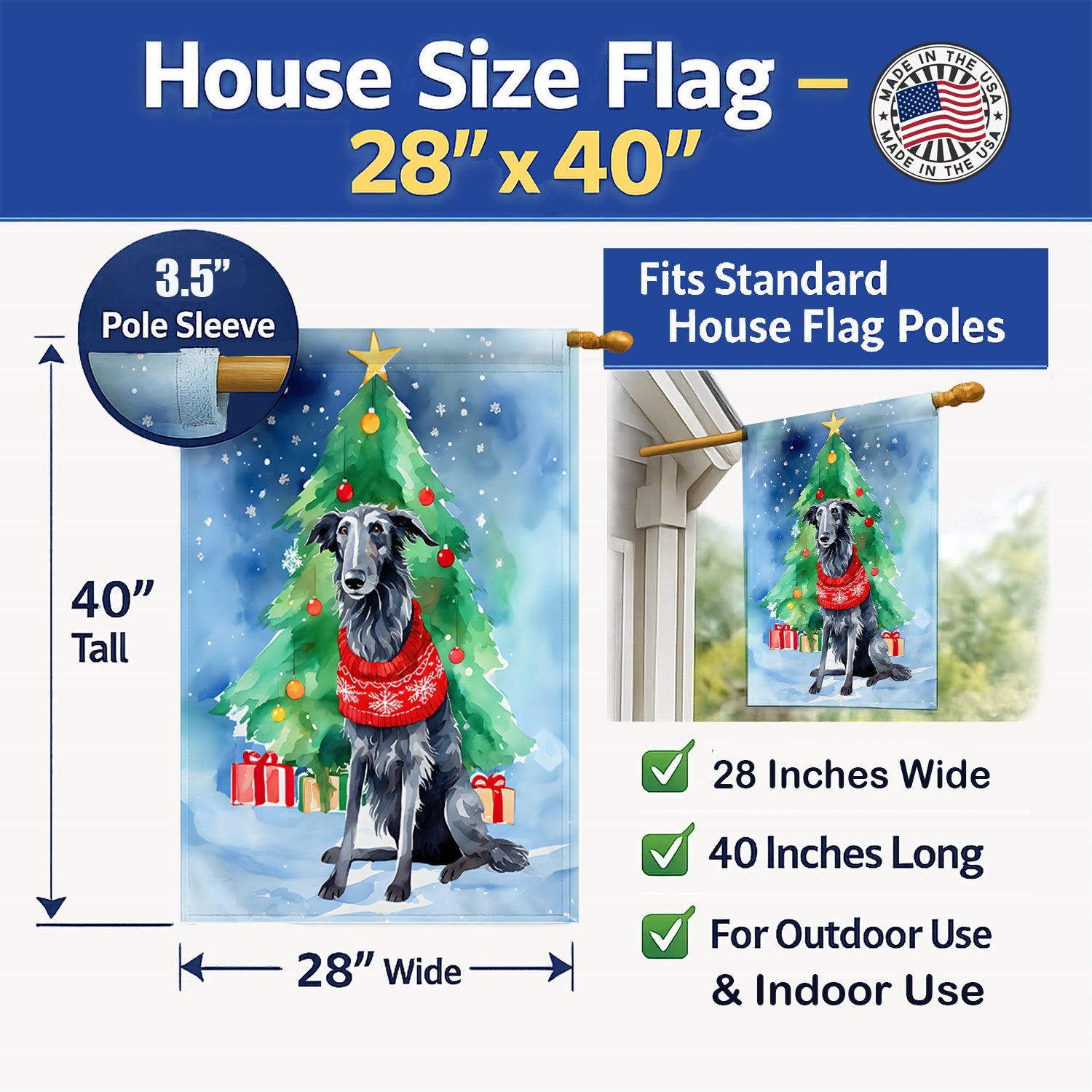 Scottish Deerhound Christmas House Flag 28x40 Porch Sleeve Pole Decorative Outside Yard Banner Artwork Wall Hanging, Polyester