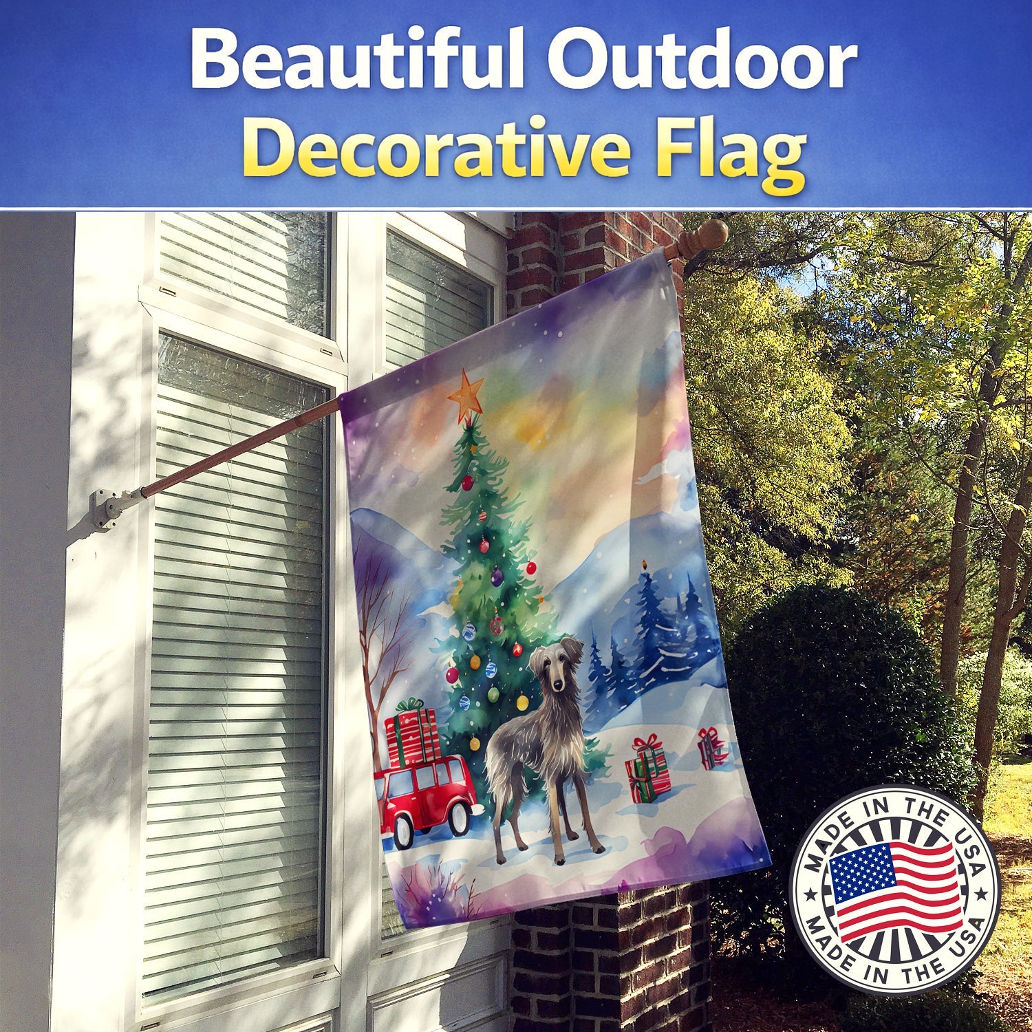 Scottish Deerhound Christmas House Flag 28x40 Porch Sleeve Pole Decorative Outside Yard Banner Artwork Wall Hanging, Polyester