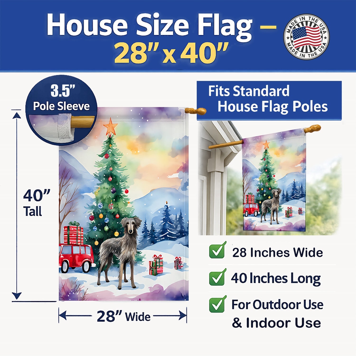 Scottish Deerhound Christmas House Flag 28x40 Porch Sleeve Pole Decorative Outside Yard Banner Artwork Wall Hanging, Polyester