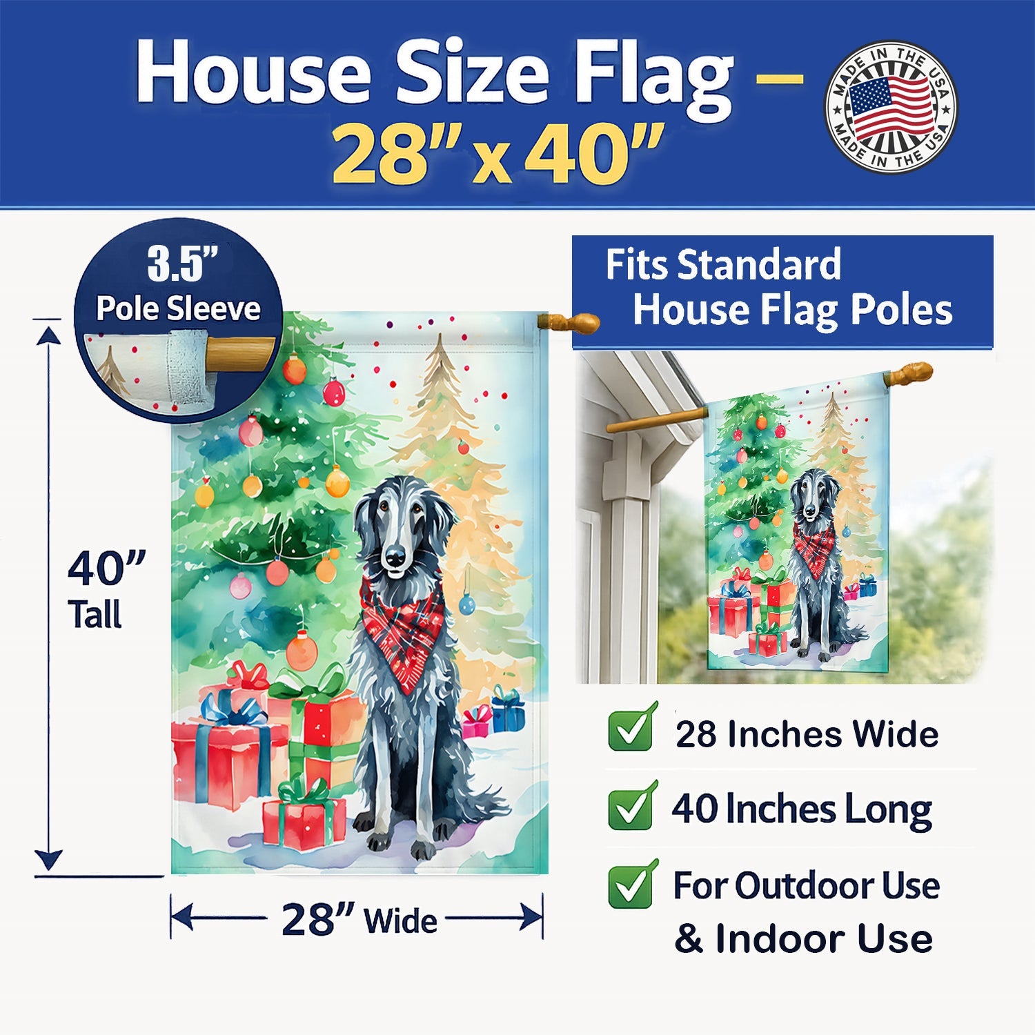Scottish Deerhound Christmas House Flag 28x40 Porch Sleeve Pole Decorative Outside Yard Banner Artwork Wall Hanging, Polyester