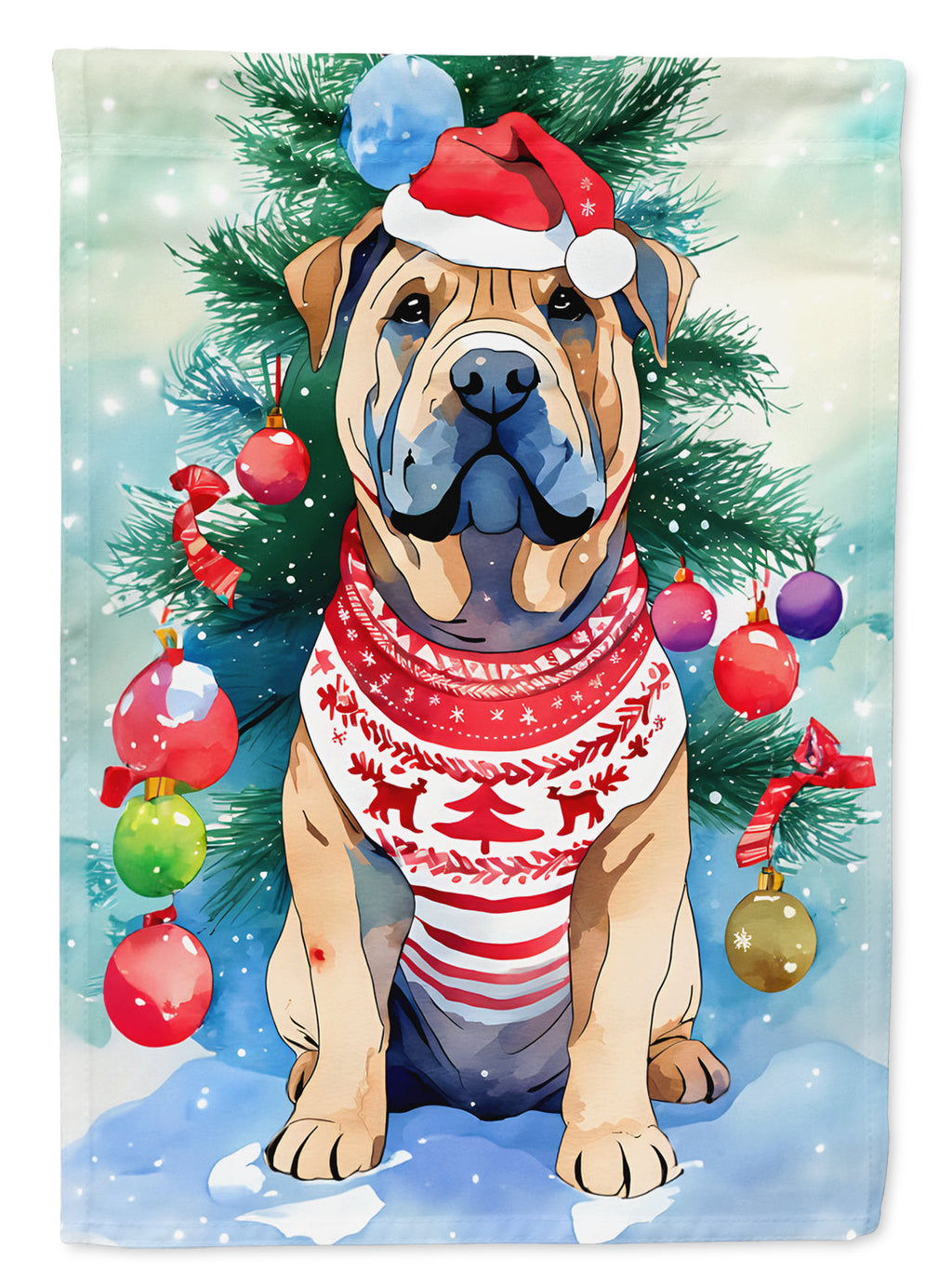 Shar Pei Christmas House Flag 28x40 Porch Sleeve Pole Decorative Outside Yard Banner Artwork Wall Hanging, Polyester