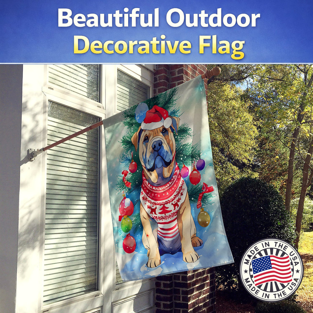 Shar Pei Christmas House Flag 28x40 Porch Sleeve Pole Decorative Outside Yard Banner Artwork Wall Hanging, Polyester