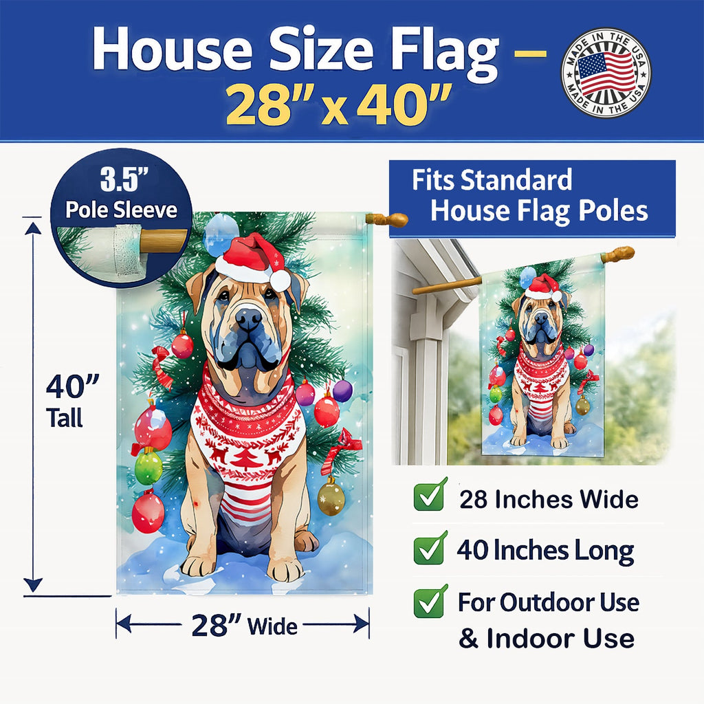 Shar Pei Christmas House Flag 28x40 Porch Sleeve Pole Decorative Outside Yard Banner Artwork Wall Hanging, Polyester
