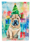 Shar Pei Christmas House Flag 28x40 Porch Sleeve Pole Decorative Outside Yard Banner Artwork Wall Hanging, Polyester