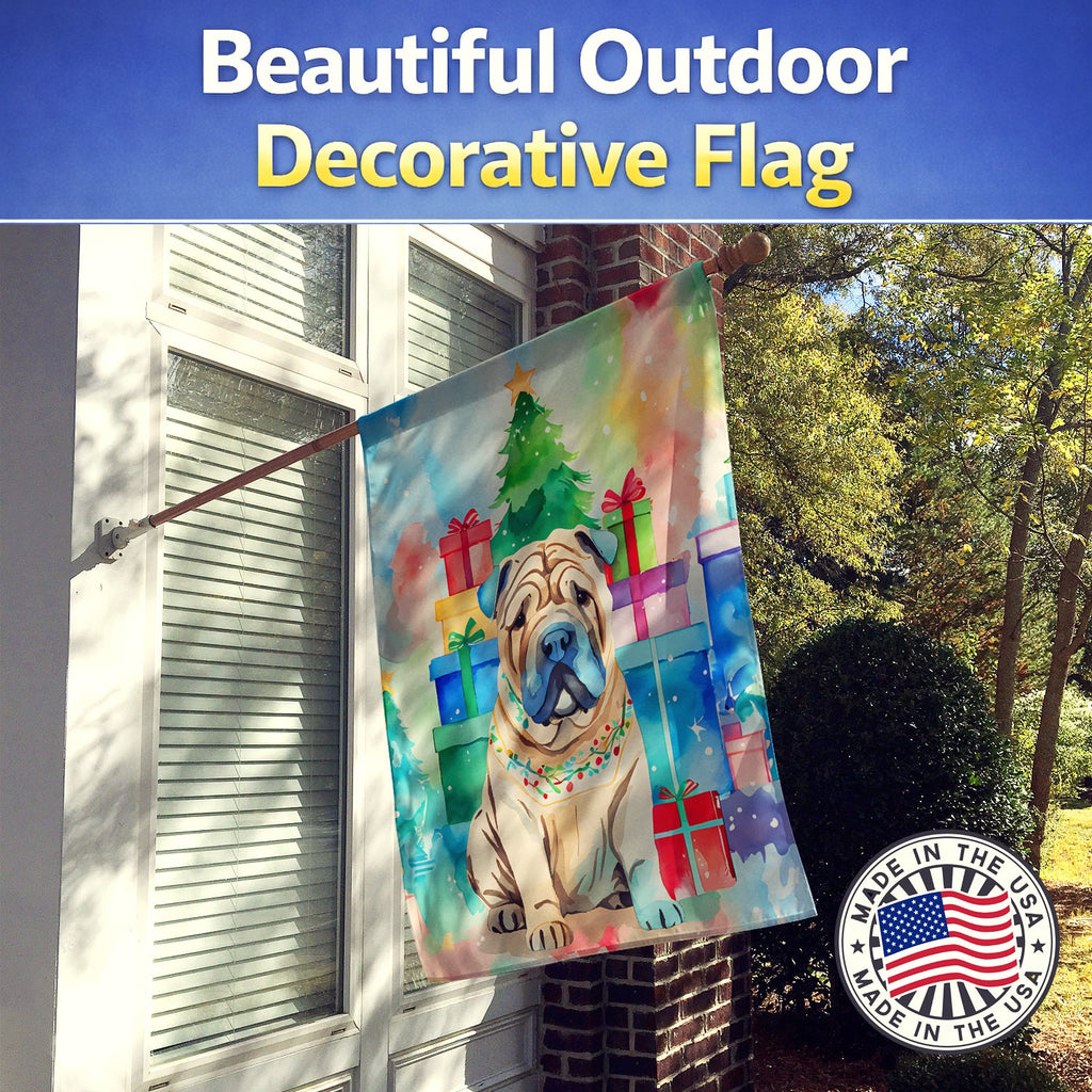 Shar Pei Christmas House Flag 28x40 Porch Sleeve Pole Decorative Outside Yard Banner Artwork Wall Hanging, Polyester