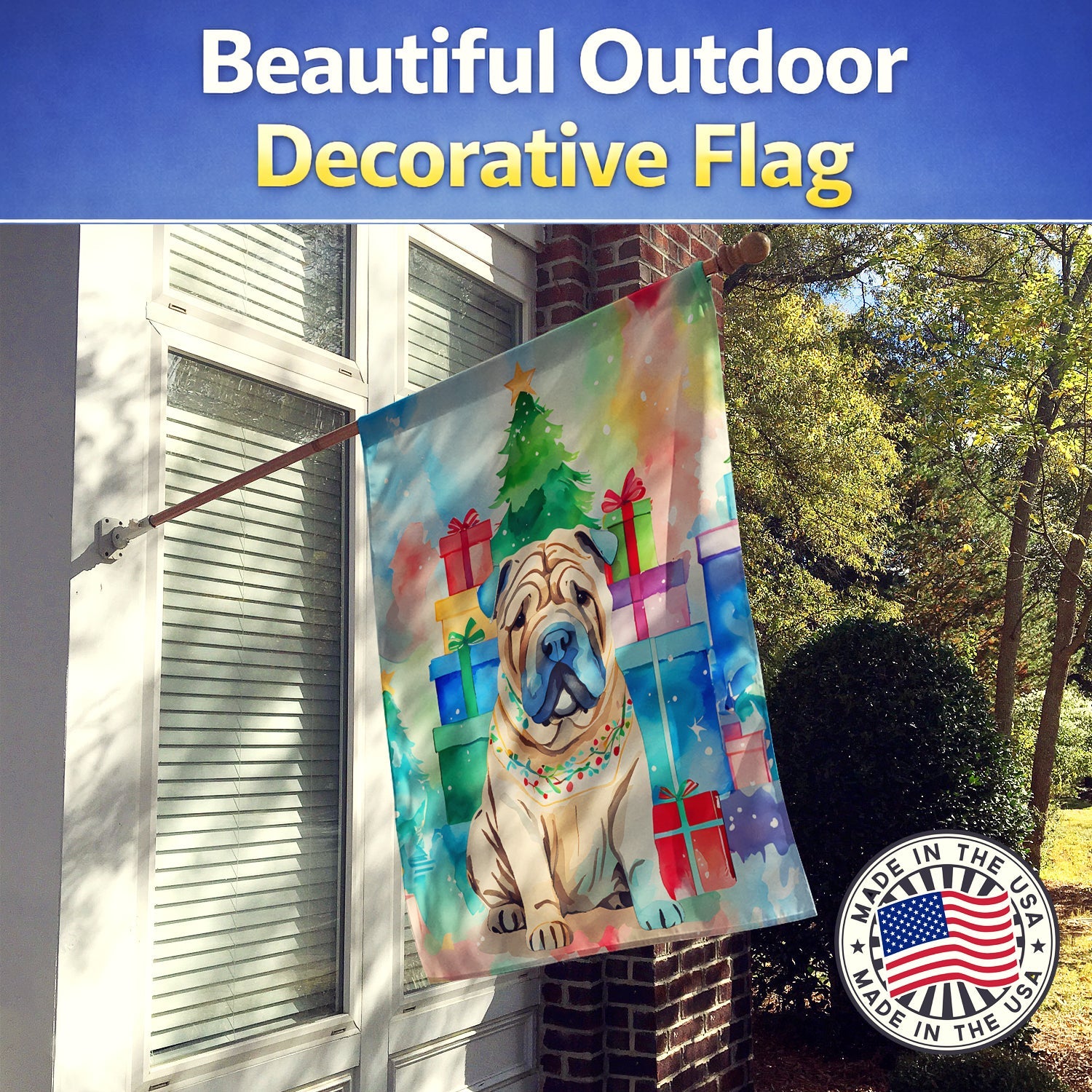 Shar Pei Christmas House Flag 28x40 Porch Sleeve Pole Decorative Outside Yard Banner Artwork Wall Hanging, Polyester