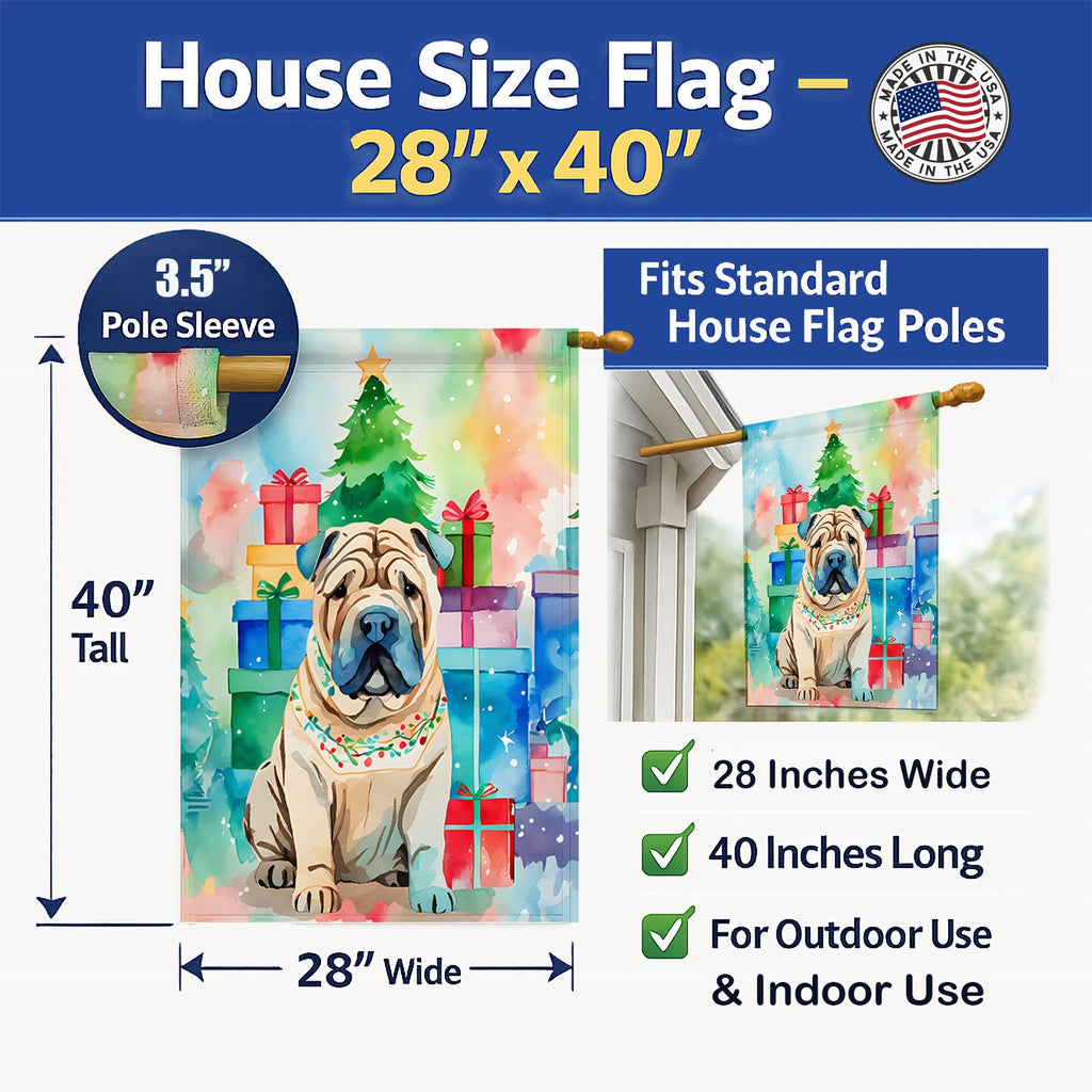 Shar Pei Christmas House Flag 28x40 Porch Sleeve Pole Decorative Outside Yard Banner Artwork Wall Hanging, Polyester