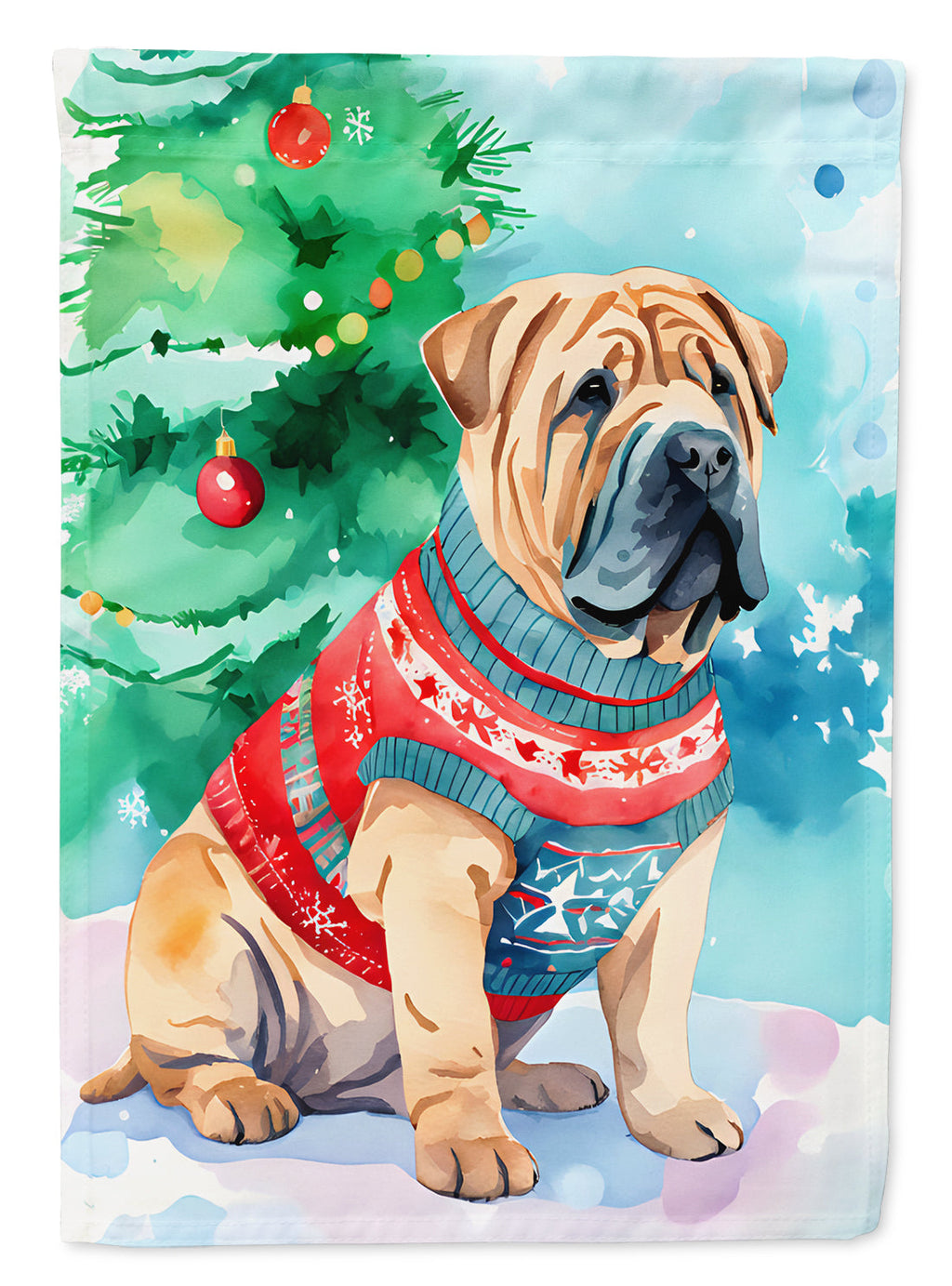 Shar Pei Christmas House Flag 28x40 Porch Sleeve Pole Decorative Outside Yard Banner Artwork Wall Hanging, Polyester