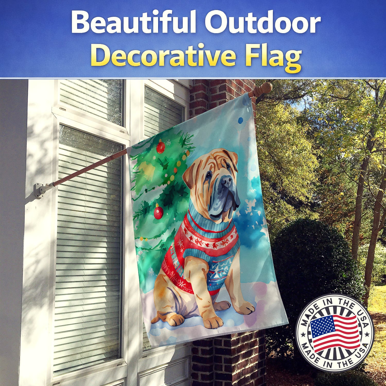Shar Pei Christmas House Flag 28x40 Porch Sleeve Pole Decorative Outside Yard Banner Artwork Wall Hanging, Polyester