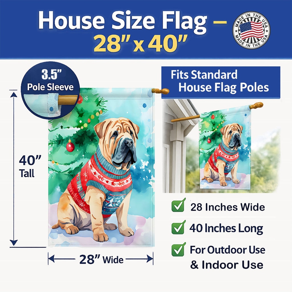 Shar Pei Christmas House Flag 28x40 Porch Sleeve Pole Decorative Outside Yard Banner Artwork Wall Hanging, Polyester