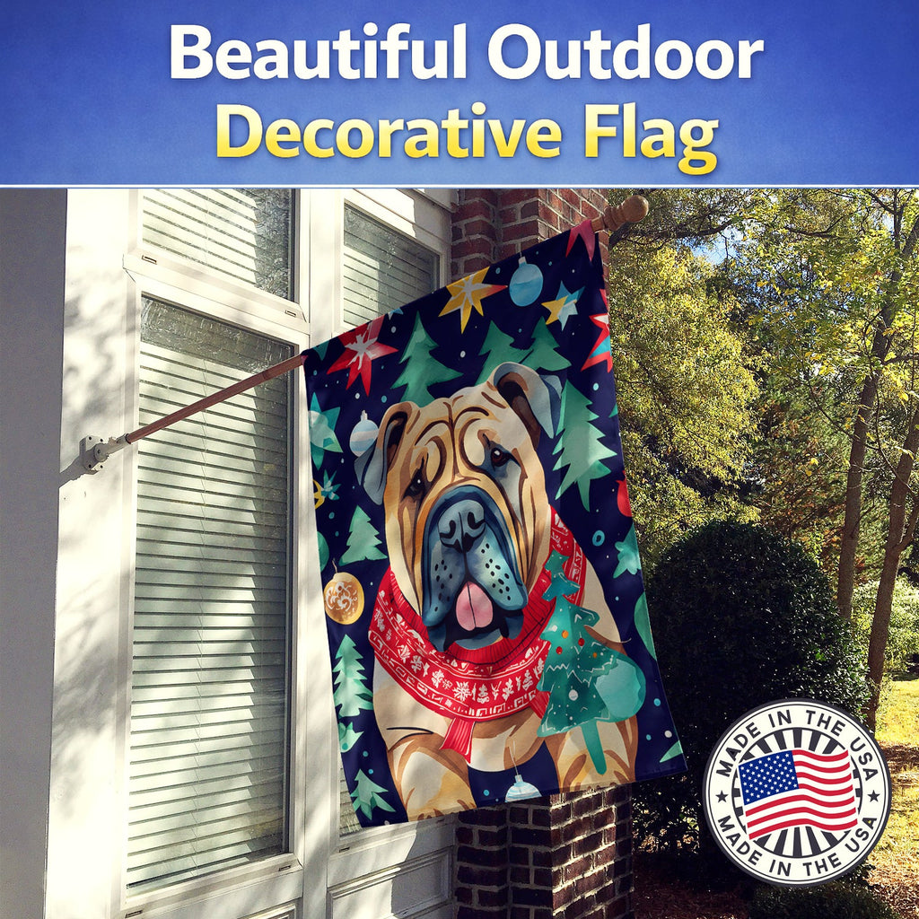 Shar Pei Christmas House Flag 28x40 Porch Sleeve Pole Decorative Outside Yard Banner Artwork Wall Hanging, Polyester