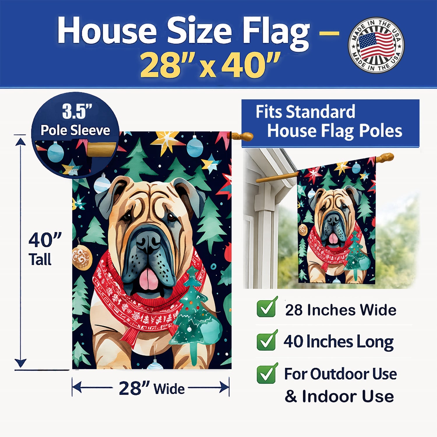Shar Pei Christmas House Flag 28x40 Porch Sleeve Pole Decorative Outside Yard Banner Artwork Wall Hanging, Polyester