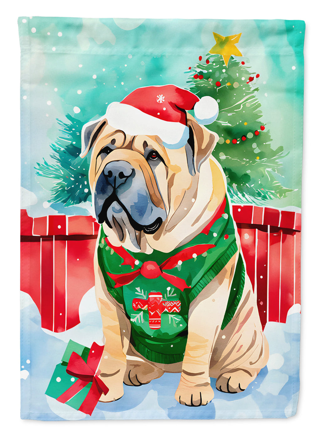 Shar Pei Christmas House Flag 28x40 Porch Sleeve Pole Decorative Outside Yard Banner Artwork Wall Hanging, Polyester