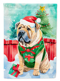 Shar Pei Christmas House Flag 28x40 Porch Sleeve Pole Decorative Outside Yard Banner Artwork Wall Hanging, Polyester