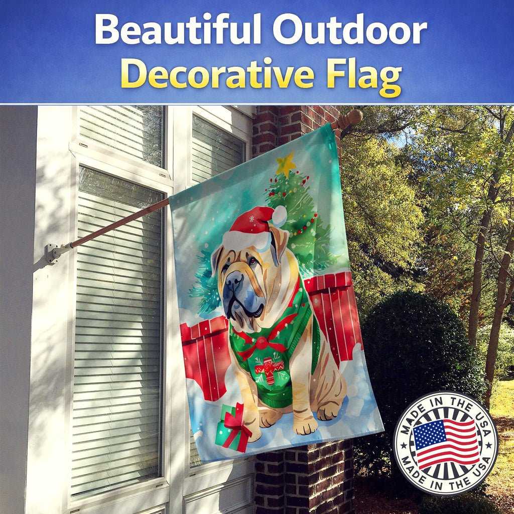 Shar Pei Christmas House Flag 28x40 Porch Sleeve Pole Decorative Outside Yard Banner Artwork Wall Hanging, Polyester