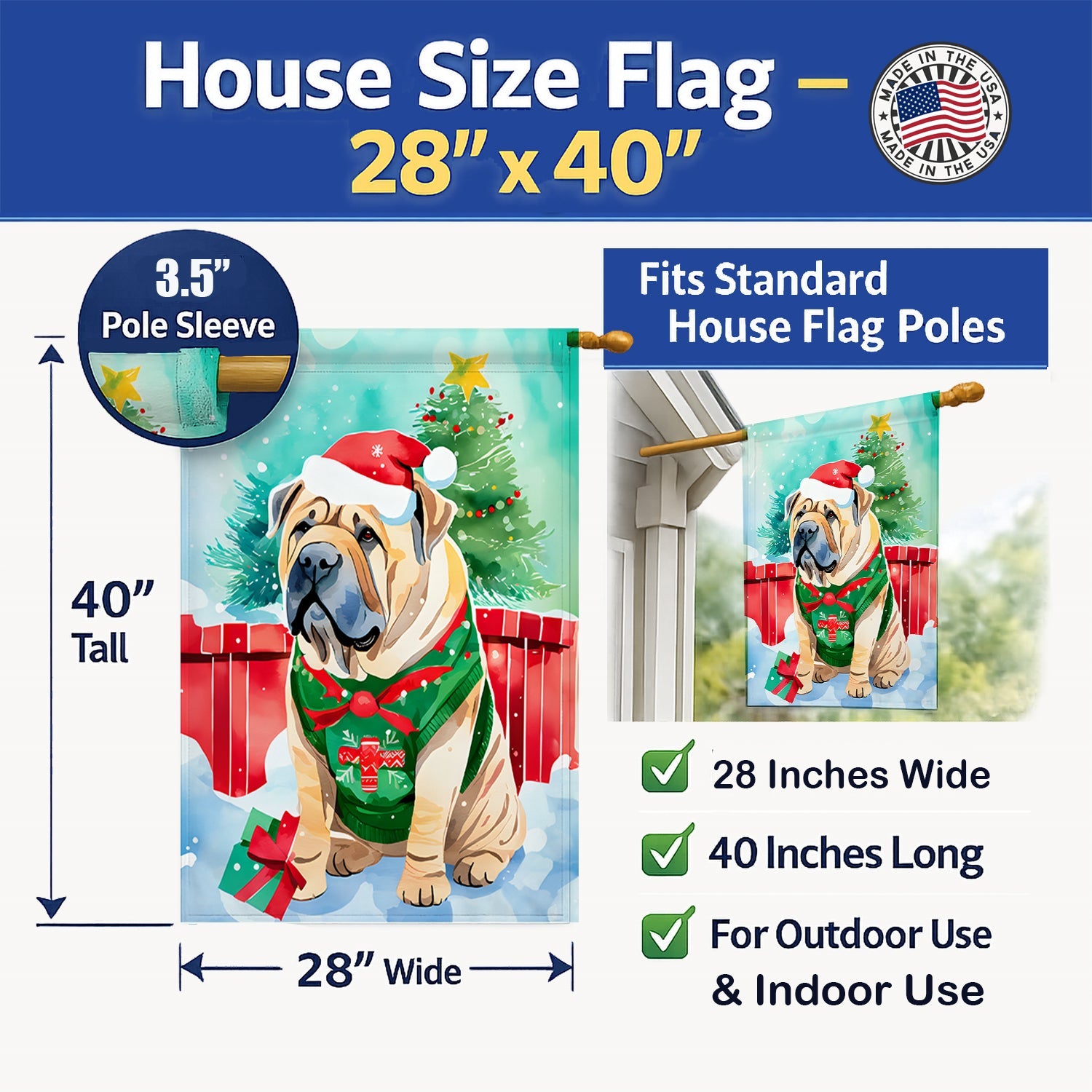 Shar Pei Christmas House Flag 28x40 Porch Sleeve Pole Decorative Outside Yard Banner Artwork Wall Hanging, Polyester