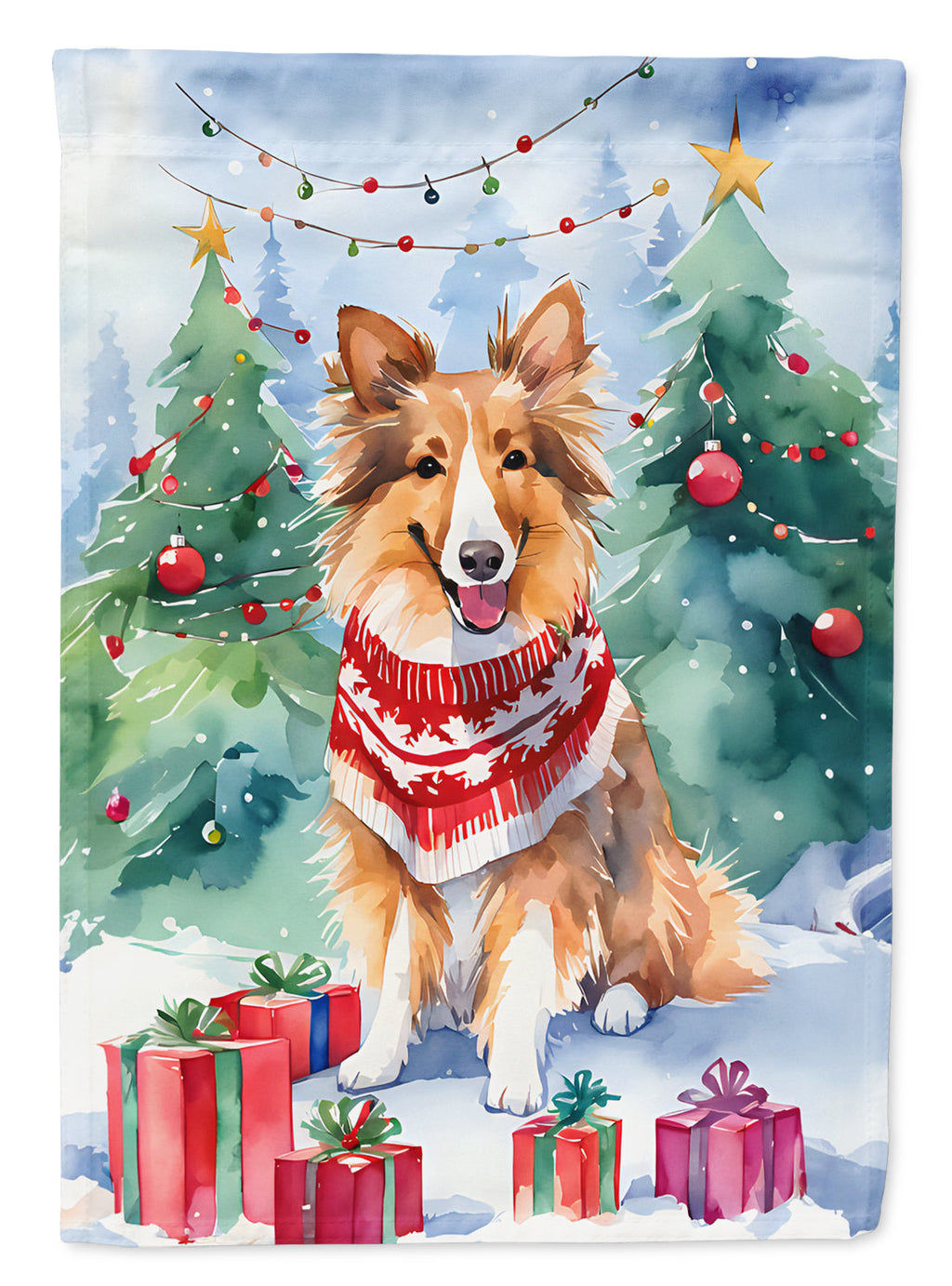 Sheltie Christmas House Flag 28x40 Porch Sleeve Pole Decorative Outside Yard Banner Artwork Wall Hanging, Polyester