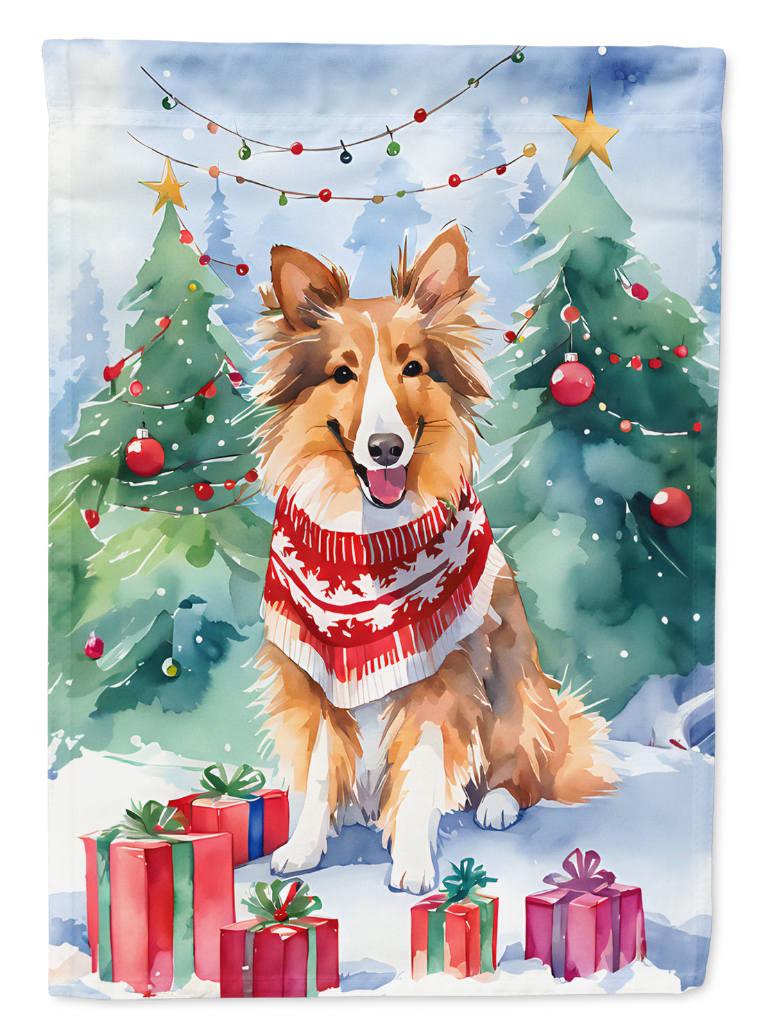 Sheltie Christmas House Flag 28x40 Porch Sleeve Pole Decorative Outside Yard Banner Artwork Wall Hanging, Polyester