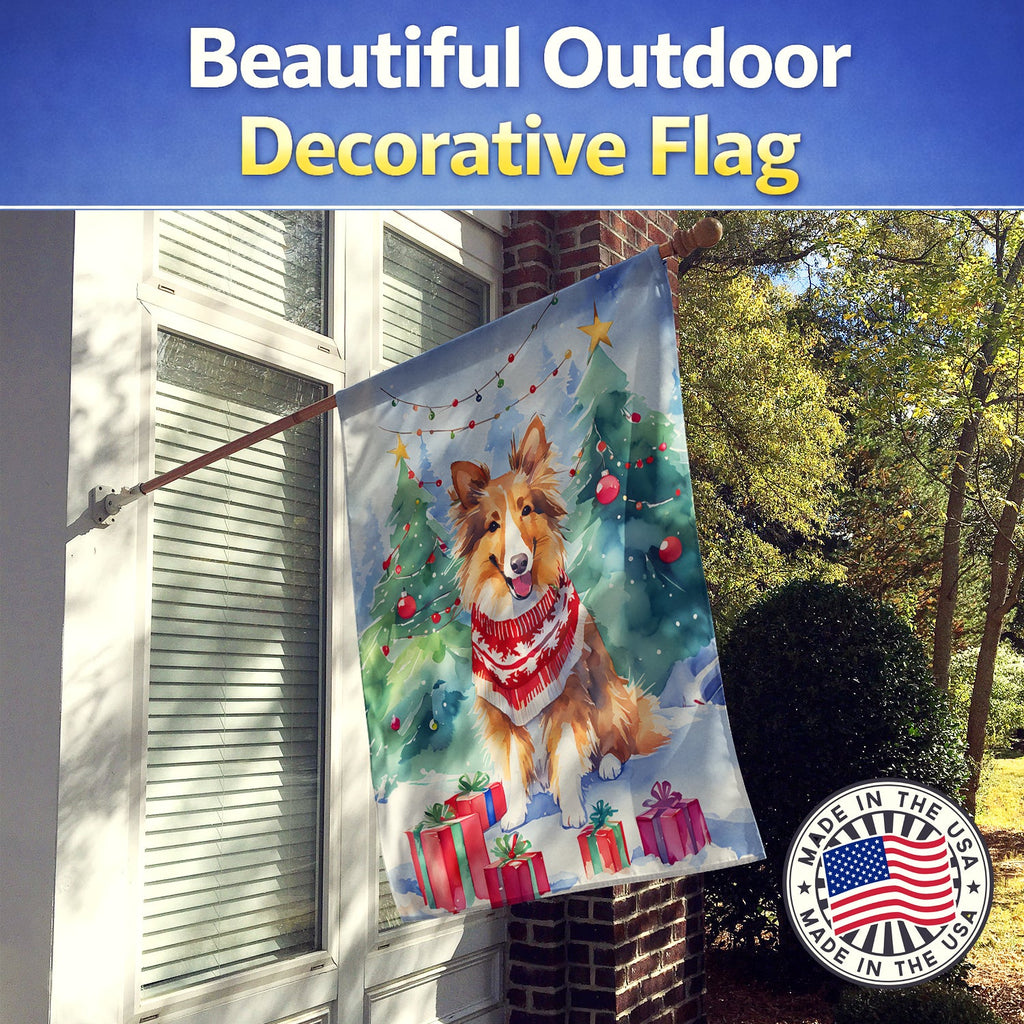 Sheltie Christmas House Flag 28x40 Porch Sleeve Pole Decorative Outside Yard Banner Artwork Wall Hanging, Polyester