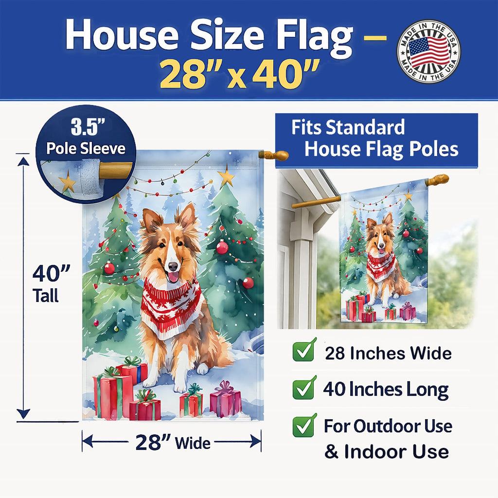 Sheltie Christmas House Flag 28x40 Porch Sleeve Pole Decorative Outside Yard Banner Artwork Wall Hanging, Polyester