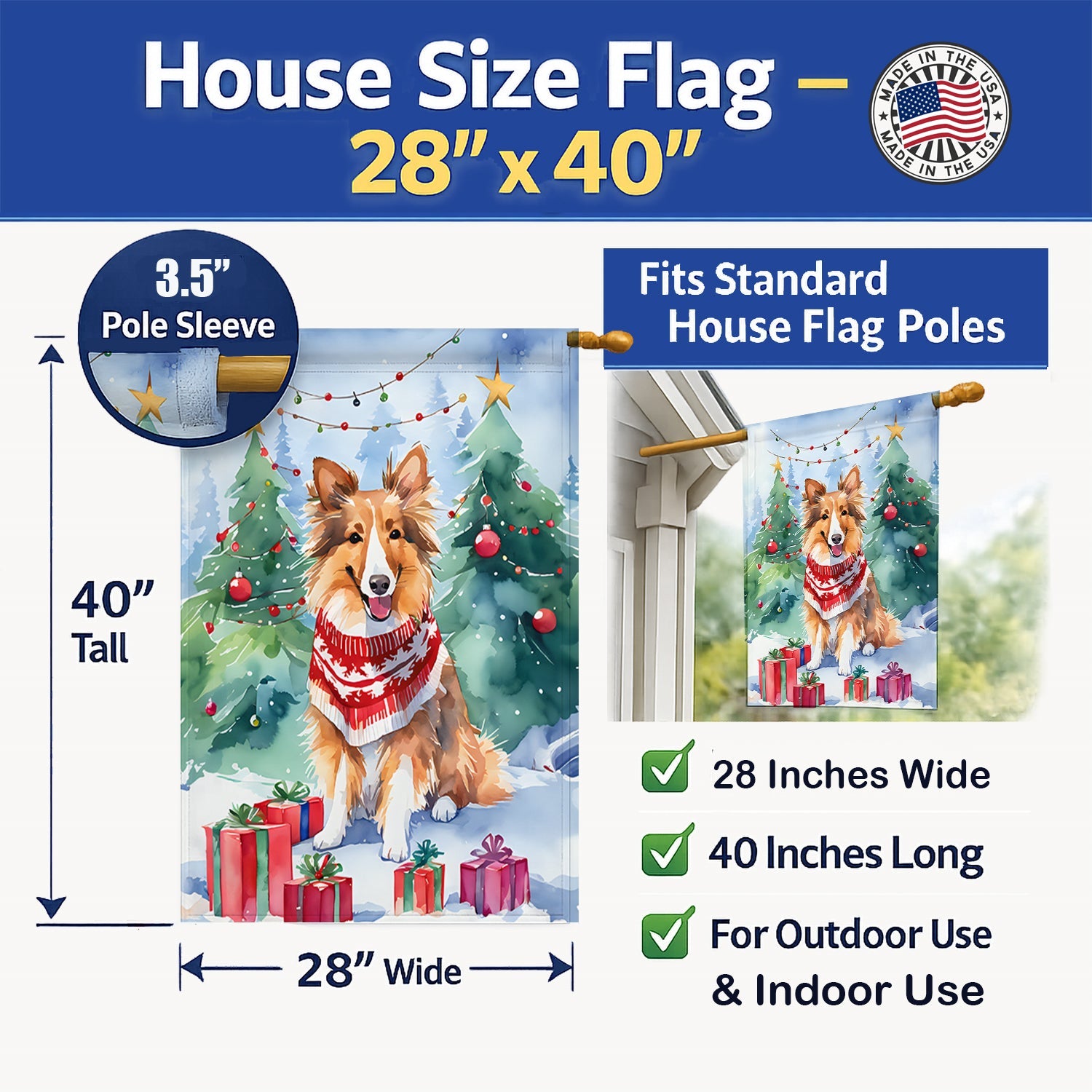 Sheltie Christmas House Flag 28x40 Porch Sleeve Pole Decorative Outside Yard Banner Artwork Wall Hanging, Polyester