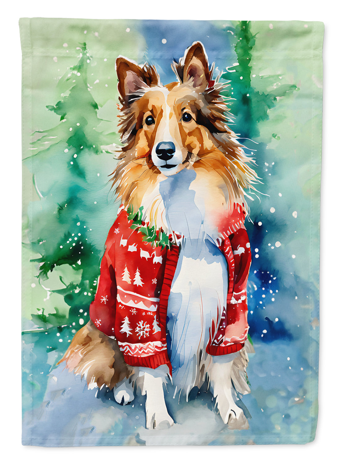 Sheltie Christmas House Flag 28x40 Porch Sleeve Pole Decorative Outside Yard Banner Artwork Wall Hanging, Polyester