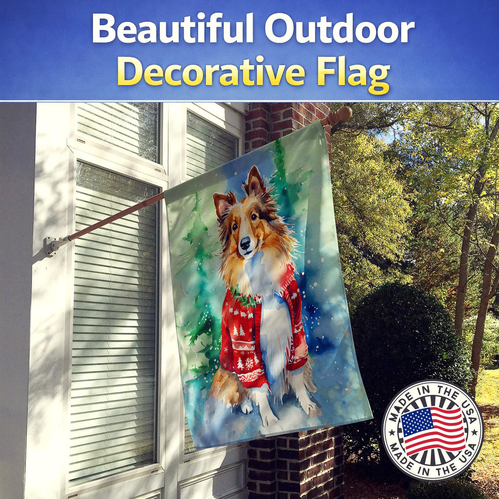 Sheltie Christmas House Flag 28x40 Porch Sleeve Pole Decorative Outside Yard Banner Artwork Wall Hanging, Polyester