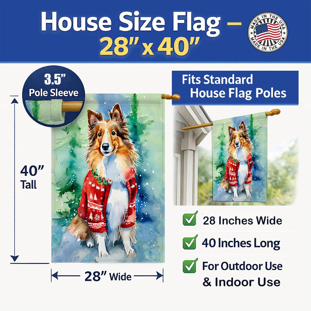 Sheltie Christmas House Flag 28x40 Porch Sleeve Pole Decorative Outside Yard Banner Artwork Wall Hanging, Polyester