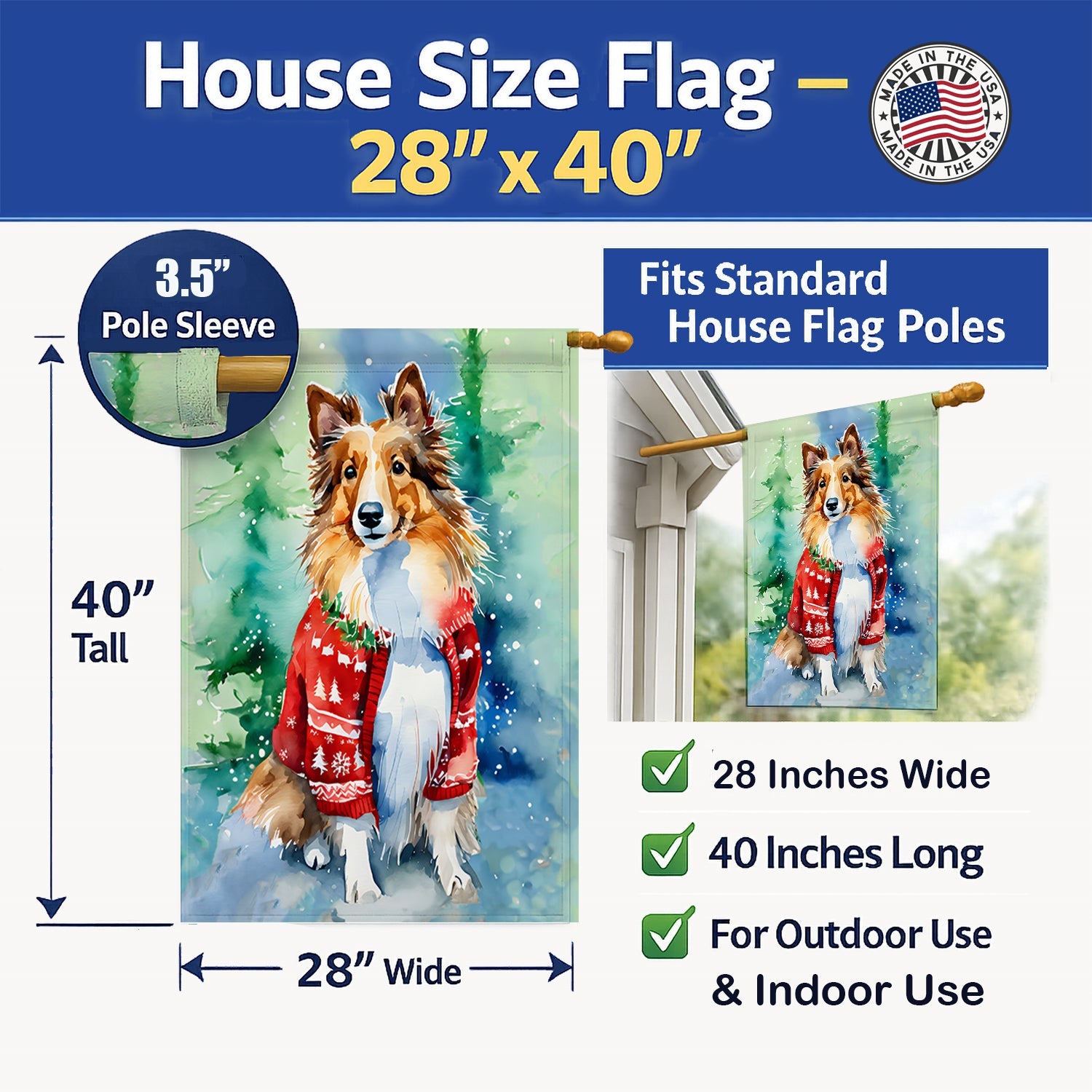Sheltie Christmas House Flag 28x40 Porch Sleeve Pole Decorative Outside Yard Banner Artwork Wall Hanging, Polyester