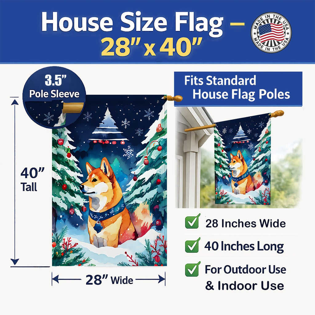 Shiba Inu Christmas House Flag 28x40 Porch Sleeve Pole Decorative Outside Yard Banner Artwork Wall Hanging, Polyester