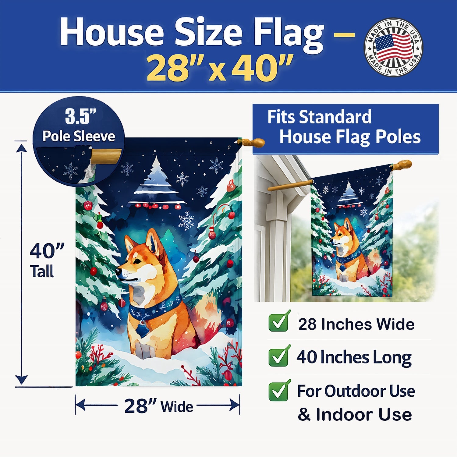 Shiba Inu Christmas House Flag 28x40 Porch Sleeve Pole Decorative Outside Yard Banner Artwork Wall Hanging, Polyester