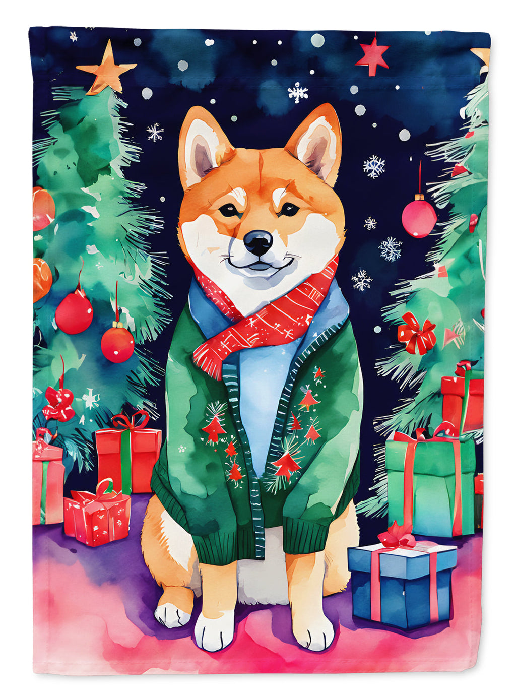 Shiba Inu Christmas House Flag 28x40 Porch Sleeve Pole Decorative Outside Yard Banner Artwork Wall Hanging, Polyester