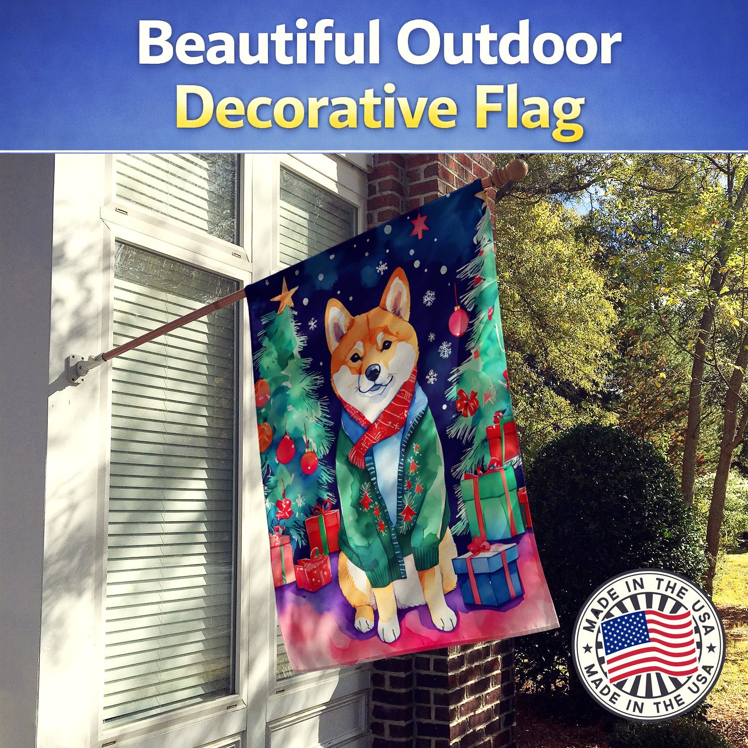 Shiba Inu Christmas House Flag 28x40 Porch Sleeve Pole Decorative Outside Yard Banner Artwork Wall Hanging, Polyester
